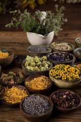 Obraz na płótnie Canvas Herbs medicine and vintage wooden background