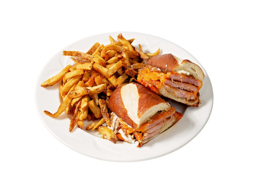 peameal sandwich on white with fries
