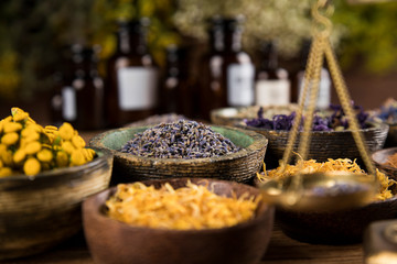 Natural remedy,Herbal medicine and wooden table background