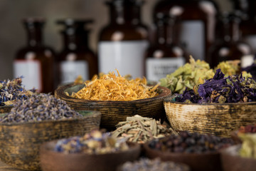 Natural remedy,Herbal medicine and wooden table background
