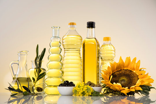 Healthy oil from sunflower, olive, rapeseed oil. Cooking oils in bottle - sunflower oil and sunflowe