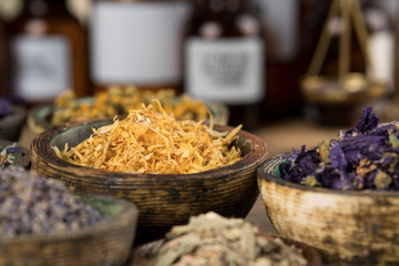 Natural remedy,Herbal medicine and wooden table background