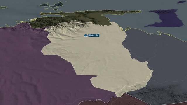 Monagas - state of Venezuela with its capital zoomed on the administrative map of the globe. Animation 3D