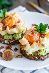 Orsini's egg for breakfast. Light healthy breakfast made from simple foods.