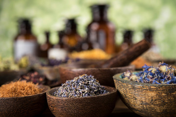 Natural remedy,Herbal medicine and wooden table background