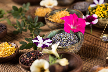 Natural remedy, healing herbs background