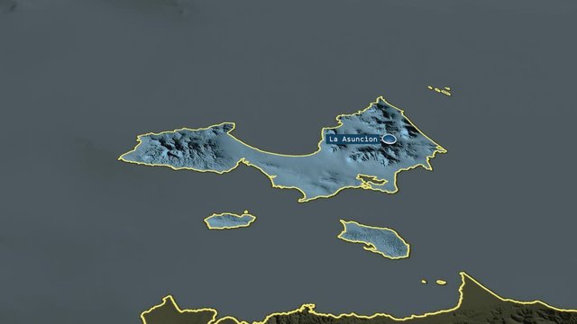 Nueva Esparta - state of Venezuela with its capital zoomed on the administrative map of the globe. Animation 3D