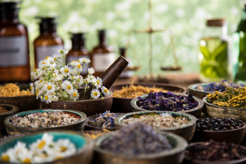 Fototapeta Natural remedy, healing herbs background obraz