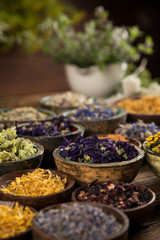 Herbs medicine and vintage wooden background