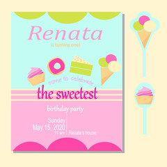 Sweet and cute birthday invitation, with cake theme