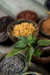 Herbs medicine and vintage wooden background