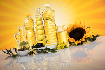 Healthy oil from sunflower, olive, rapeseed oil. Cooking oils in bottle