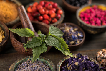 Natural remedy,Herbal medicine and wooden table background