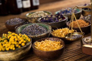 Natural remedy,Herbal medicine and wooden table background