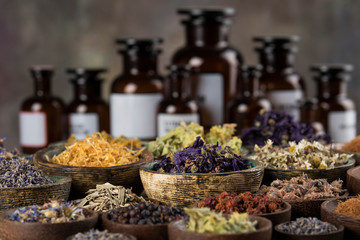 Natural remedy,Herbal medicine and wooden table background