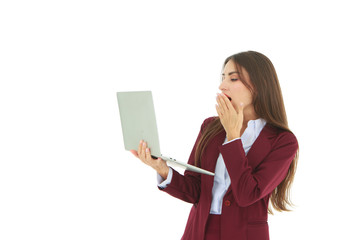 Beautiful woman in red dress holding laptop on right hand and left hand touching mouth isolated on white background -  working and business woman concept
