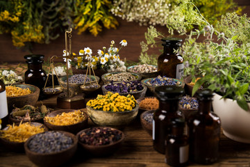 Natural remedy,Herbal medicine and wooden table background