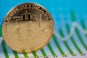Golden Bitcoin Coin, virtual money, financial chart