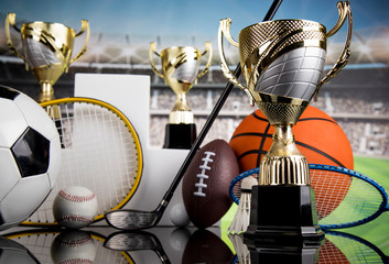 Award winning and championship concept, trophy cup on sport background