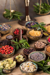 Natural remedy,Herbal medicine and wooden table background