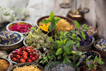 Natural remedy,Herbal medicine and wooden table background © Sebastian Duda