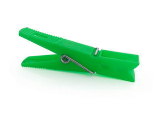 Isolated green  plastic clothespin on white background.