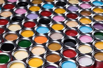 Group of tin metal cans with color paint