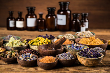 Natural remedy,Herbal medicine and wooden table background