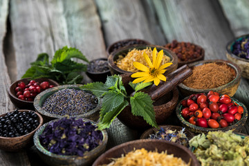 Natural remedy, healing herbs background