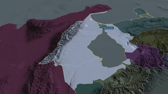Zulia - state of Venezuela with its capital zoomed on the administrative map of the globe. Animation 3D