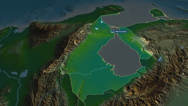 Zulia - state of Venezuela with its capital zoomed on the physical map of the globe. Animation 3D