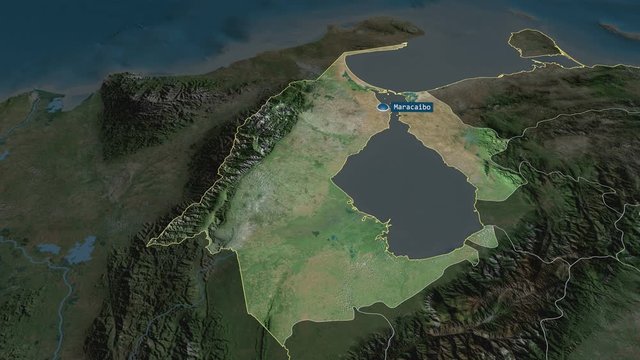 Zulia - state of Venezuela with its capital zoomed on the satellite map of the globe. Animation 3D