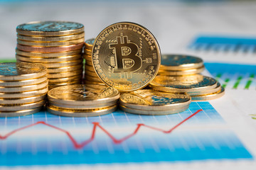 Golden Bitcoin Coin, virtual money, financial chart