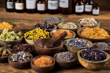 Natural remedy,Herbal medicine and wooden table background