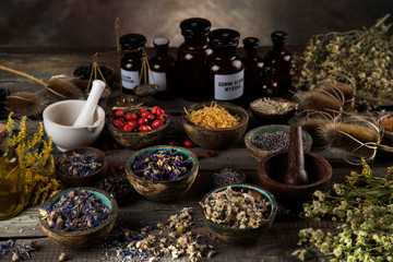 Herbs medicine and vintage wooden background