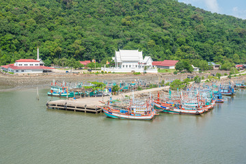 Landscape view of River and Boat of fisherman in harbor at Chantaburi, Thailand.