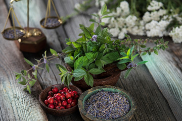 Natural remedy,Herbal medicine and wooden table background