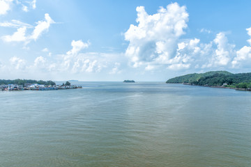 Landscape view of River and Boat of fisherman in harbor at Chantaburi, Thailand.