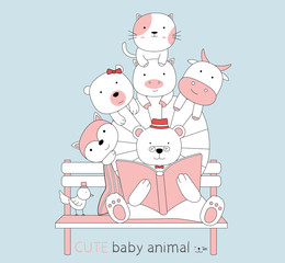Hand drawn style. Cartoon sketch the cute baby animals read a book