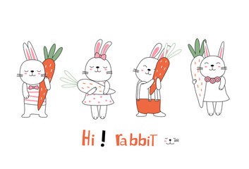 Hand drawn style. Cartoon sketch the cute posture baby rabbit  animal with carrot
