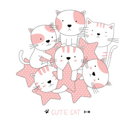 Hand drawn style. Cartoon sketch the cute baby cat animal with star yellow