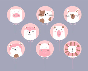 Hand drawn style. Cartoon sketch the cute posture baby animal with pink balloon