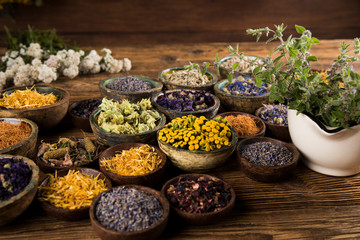Natural remedy,Herbal medicine and wooden table background