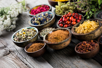 Natural remedy,Herbal medicine and wooden table background