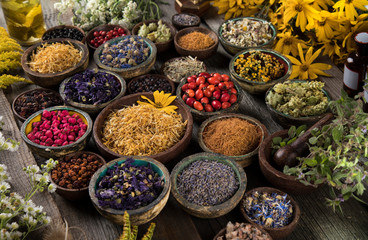 Natural remedy,Herbal medicine and wooden table background
