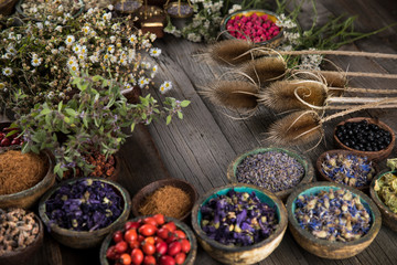 Natural remedy,Herbal medicine and wooden table background
