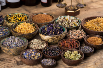Natural remedy,Herbal medicine and wooden table background