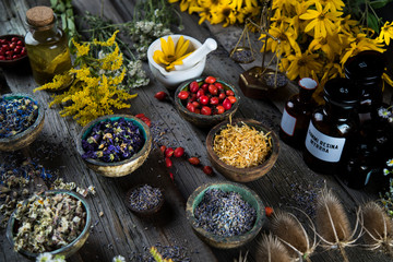 Natural remedy,Herbal medicine and wooden table background