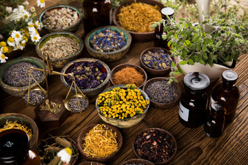Natural remedy, healing herbs background