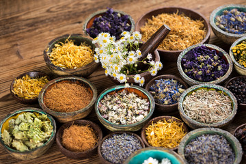 Natural remedy,Herbal medicine and wooden table background